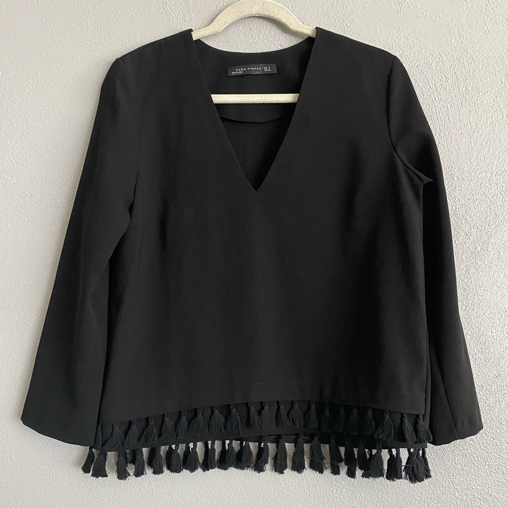 Zara Top Size Small Black V-Neck Long Sleeve Fringe Neutral Office Business Work